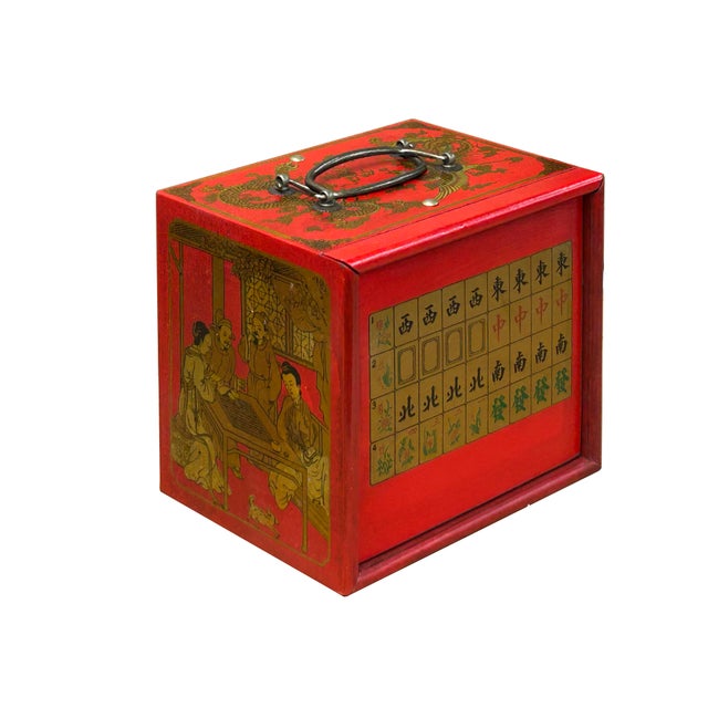 Chinese Chinese Flower Bird Red Vinyl Box Small Size Mahjong Tiles Game Set For Sale - Image 3 of 11