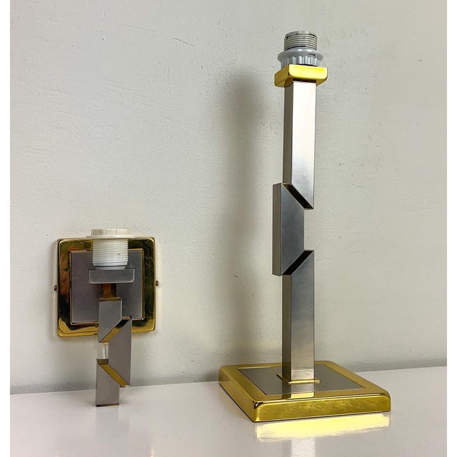 Metal Skyscraper Brass and Chrome Table Lamp & Wall Lamp, 1970s, Set of 2 For Sale - Image 7 of 16