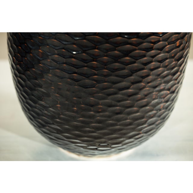 Artisan Large Honeycomb-Textured Ceramic Vase in Deep Brown and Black Glaze For Sale In New York - Image 6 of 18