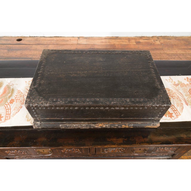 Indian 19th Century Black Box with Iron Nailheads, Braces and Rustic Patina For Sale - Image 11 of 13