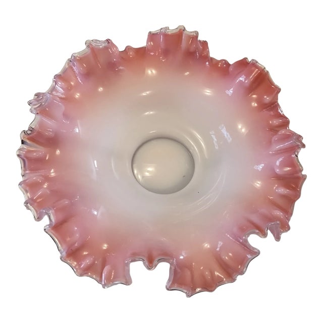 Early 19th Century Antique Victorian Bridal Basket Pink Art Glass Ruffled Fenton Style Bride’s Basket Blown Glass Bowl in Pink For Sale