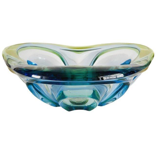 Vintage Bohemian Glass Bowl in Blue Green, 1960s For Sale - Image 5 of 6