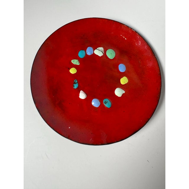Vintage Organic Modern Red Enamel Copper Backed Decorative Plate For Sale - Image 4 of 10