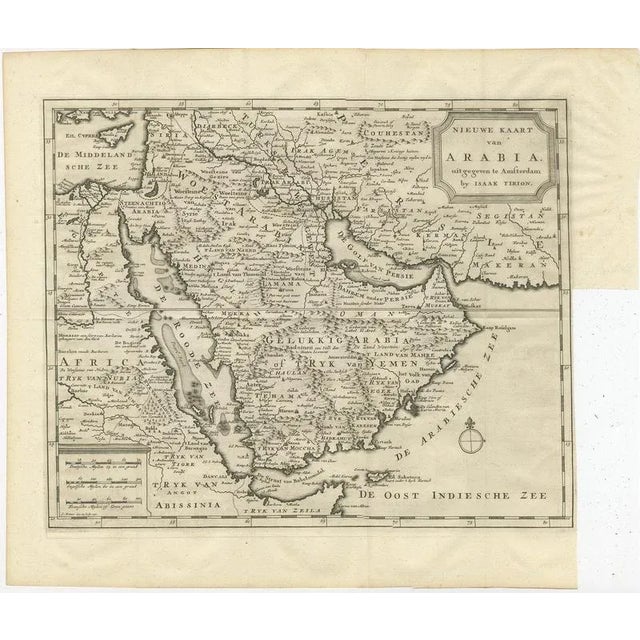 Antique Map of Arabia – Isaak Tirion’s “Nieuwe Kaart van Arabia,” Amsterdam c.1730 This finely detailed 18th-century map,...