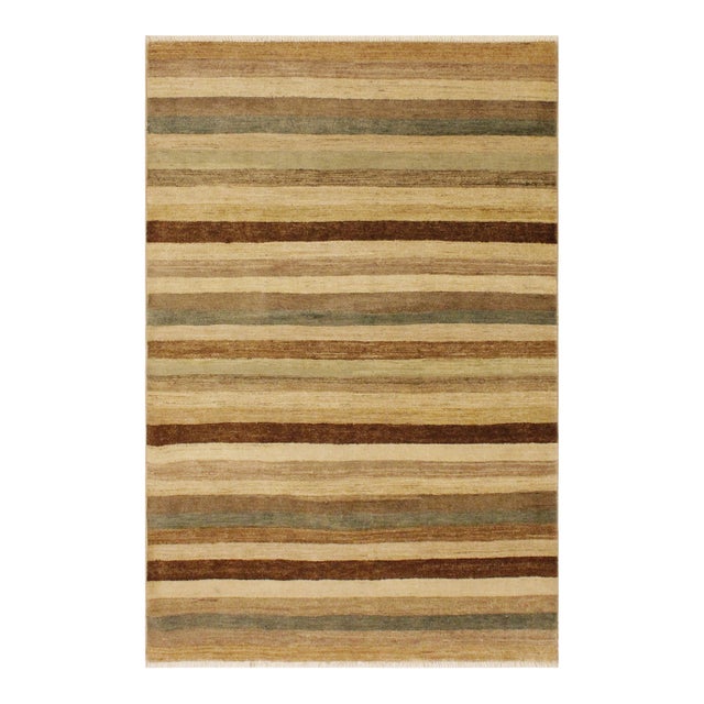 Boho Chic Hand Made Beige/Green Wool Rug - 3'11'' X 5'7'' For Sale