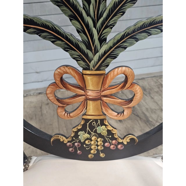 Wood Late 20th Century Pair of Karges Hepplewhite Plum Arm Chairs Ebonized, Carved Hand Painted Leather Fabric For Sale - Image 7 of 14