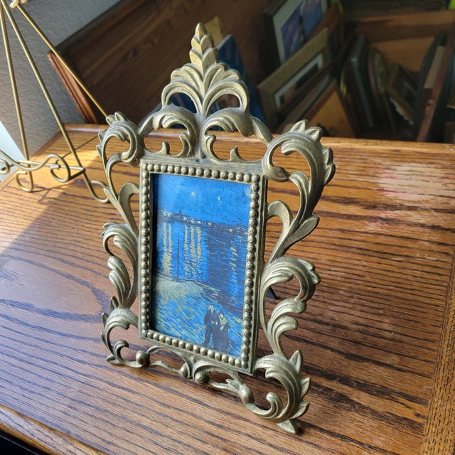 Vintage Ornate Cast Brass Art Nouveau Picture Frame Holds 4 X 6 Picture For Sale - Image 6 of 13
