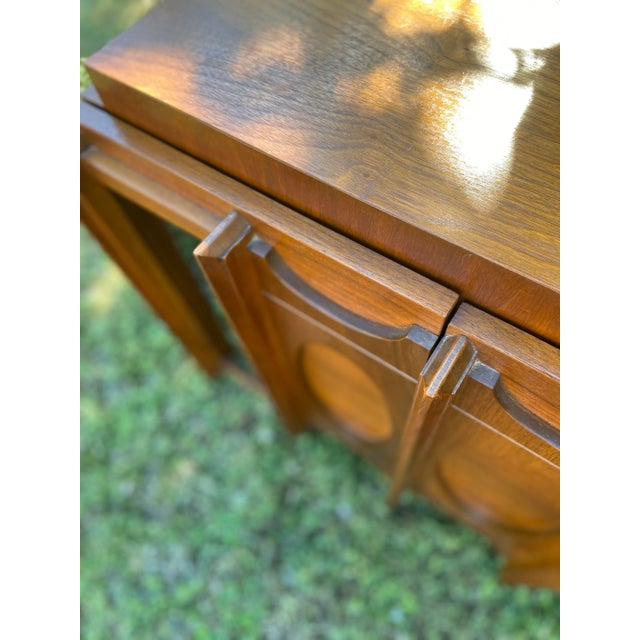 Mid 20th Century Brutalist Tobago Nightstands With Sculpted Door Fronts and Inset Smoked Mirrors - Set of 2 For Sale - Image 5 of 13