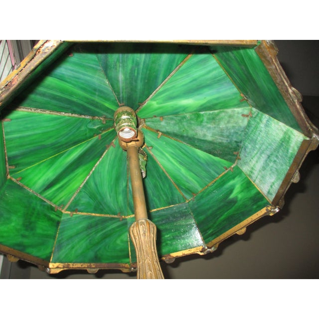 Metal Early 1900s Antique Art Nouveau Green Stain Glass Ornate Metal Table Lamp For Sale - Image 7 of 12