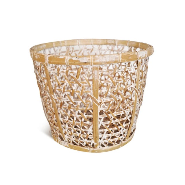 Vintage Bamboo White Wash Coastal Basket Small For Sale - Image 4 of 4