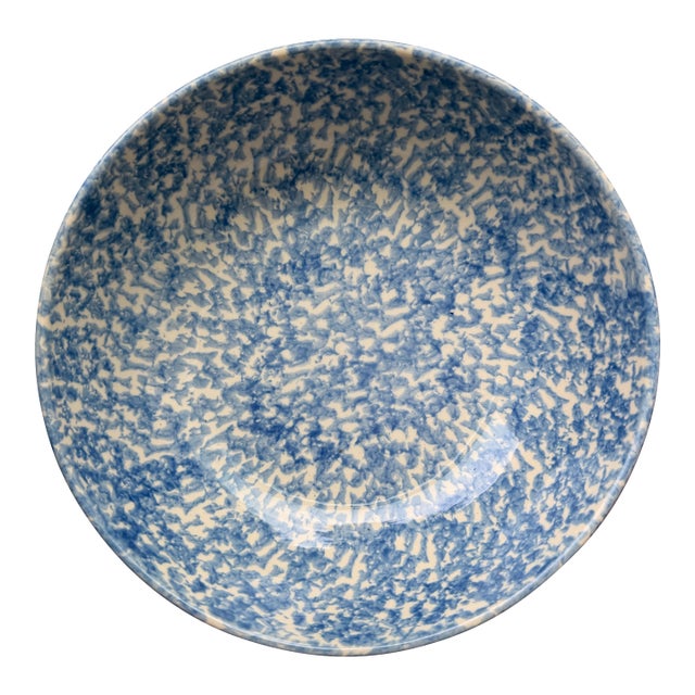 1990s Blue & White Spongeware Serving Bowl by Gerald E. Henn, Ohio Pottery For Sale