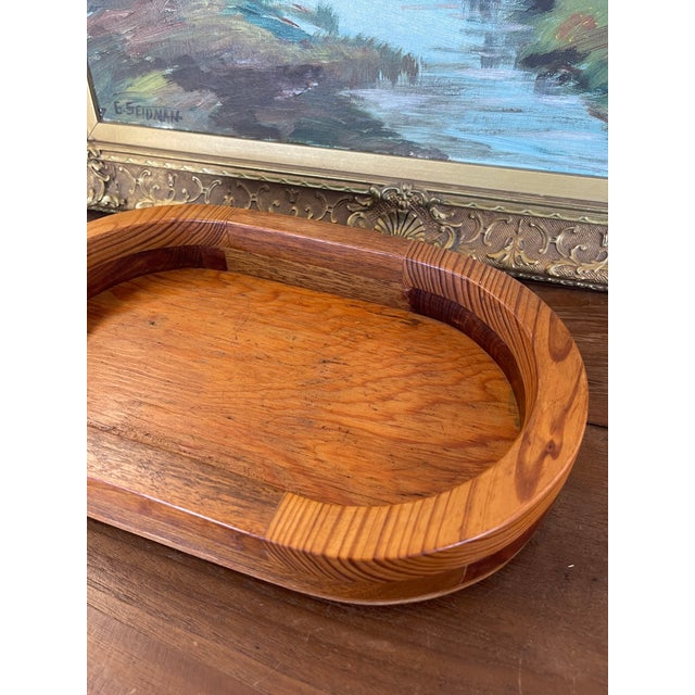 Vintage Mid-Century Modern Oval Wood Tray With Laminated Joinery and Raised Base. For Sale - Image 10 of 10
