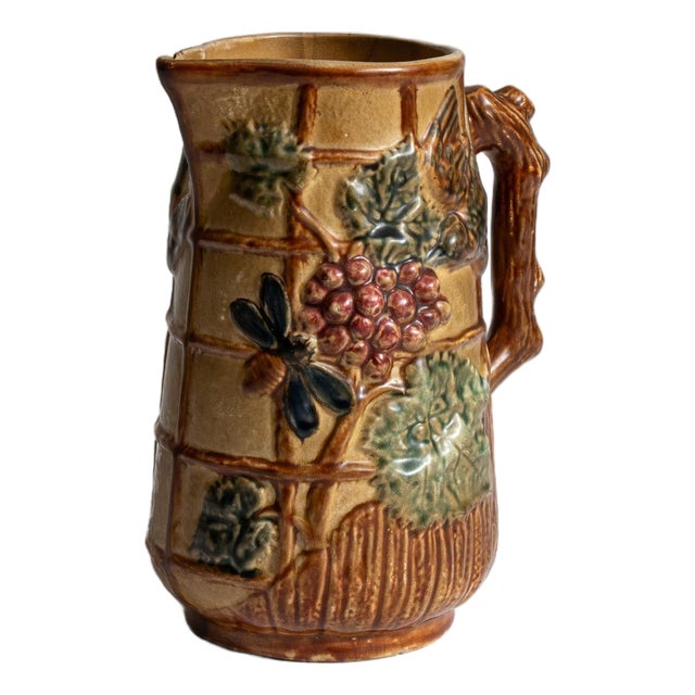 1900s French Amber Barbotine Ceramic Jug For Sale