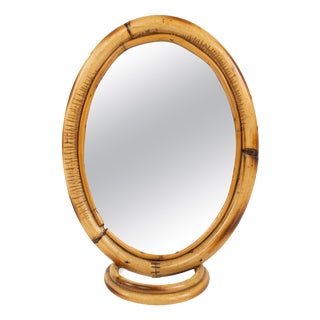 Mid-Century Oval Table Vanity Mirror in Bamboo and Rattan, Italy, 1970s For Sale