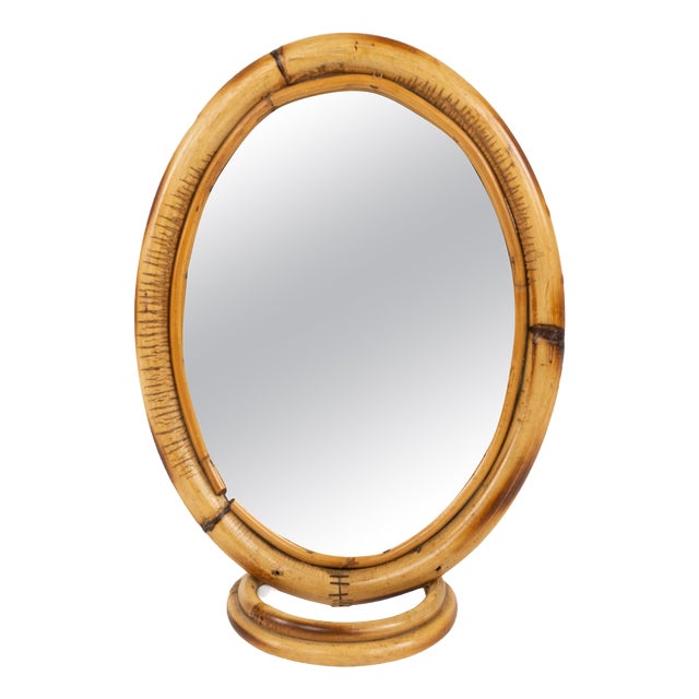 Mid-Century Oval Table Vanity Mirror in Bamboo and Rattan, Italy, 1970s For Sale