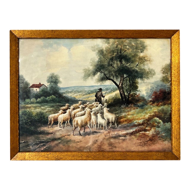 A Shepherd’s Path — Vintage Framed Pastoral Landscape With Sheep Oil Painting For Sale
