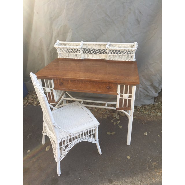 Antique Heywood Wakefield White Wicker and Dark Oak Desk and Chair Set