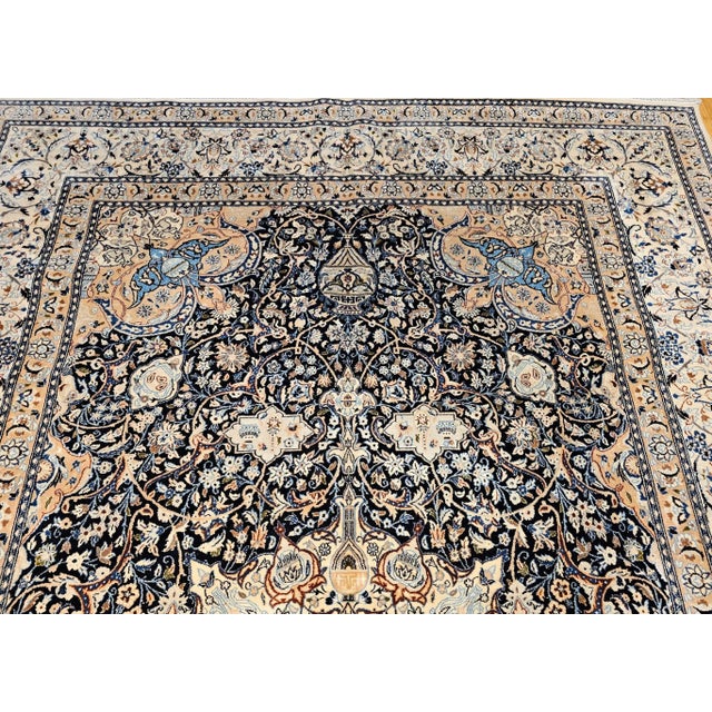 Art Nouveau Vintage Room Size Persian Nain Rug, Handwoven Floral Pattern With Silk Highlights, Navy & Ivory , 9’ X 13’ For Sale - Image 3 of 12