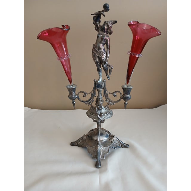 Early 20th Century Wilcox Figural Silver Plate Epergne With Cranberry Glass For Sale - Image 5 of 14
