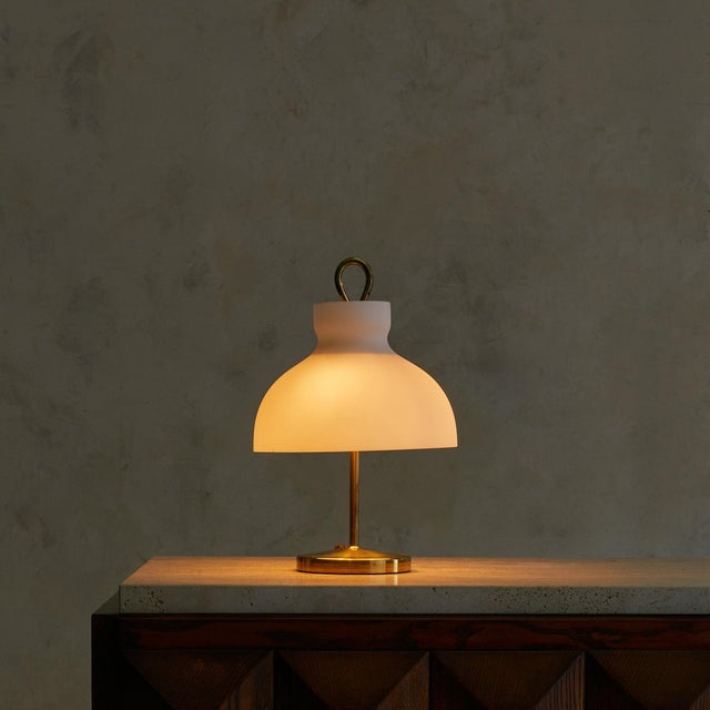 Metal 1950s Italian Brass + Opaline Glass Table Lamp by Ignazio Gardella for Azucena For Sale - Image 7 of 18