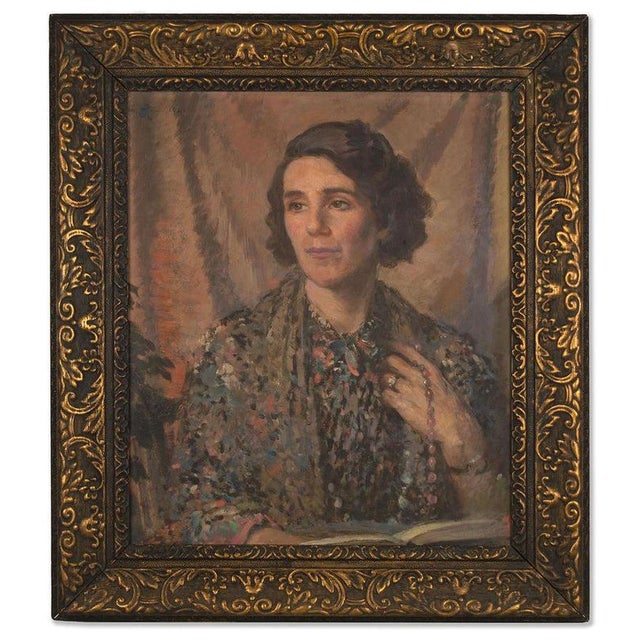 An original 1941 oil painting – A.J., Portrait of a Woman in a Patterned Gown.A fabulous Post-impressionist portrait of a...