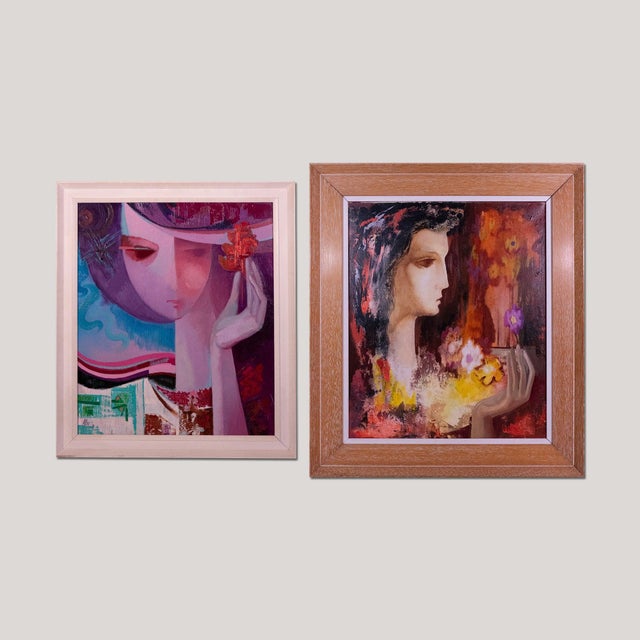 Lleo, Stylised Female Portraits, Mid-20th Century, Oil Paintings, Set of 2 For Sale - Image 14 of 14
