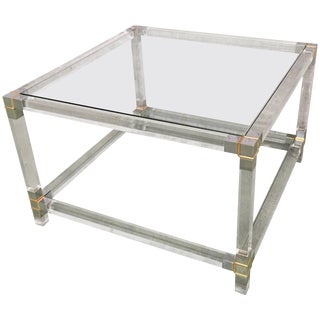 Midcentury Square Lucite Coffee Table With Chromed Metal Details For Sale