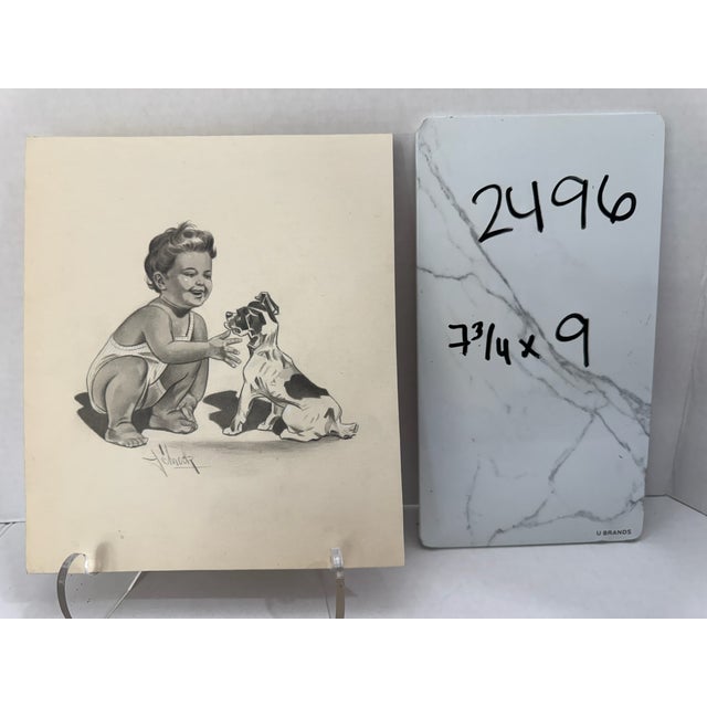 1940s Original Signed Graphite Illustration of Child Playing With Terrier Puppy, 9 × 7.75 In. W For Sale In Atlanta - Image 6 of 6