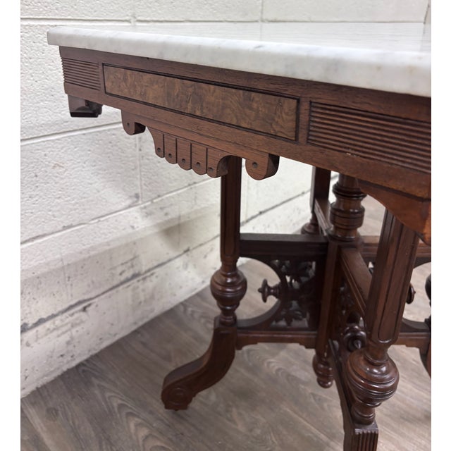 White Antique Victorian Eastlake Renaissance Revival Marble Walnut Center Parlor Table For Sale - Image 8 of 13