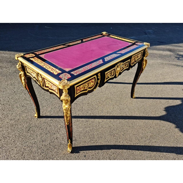 Boulle Style Writing Desk/ Table Bureau Plat French Style Marquetry Inlay With Burgundy Faux Leather on the Top For Sale - Image 4 of 12