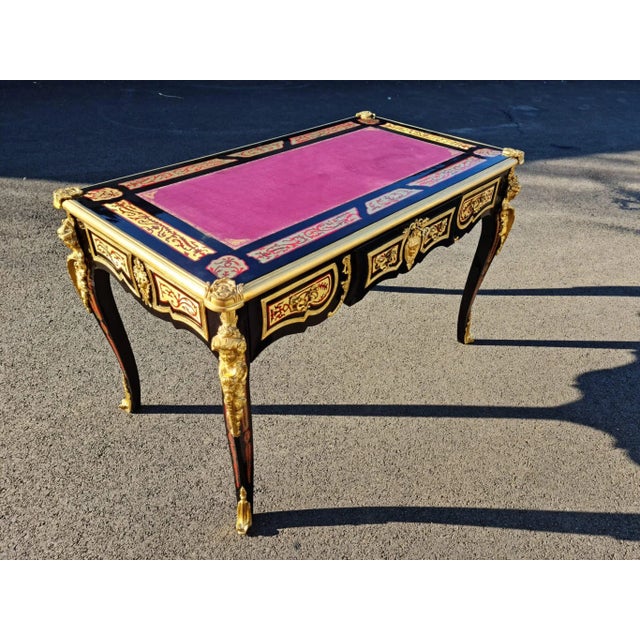 Boulle Style Writing Desk/ Table Bureau Plat French Style Marquetry Inlay With Burgundy Faux Leather on the Top. For Home and Office. For Sale - Image 4 of 12