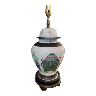 Vintage Chinoiserie Crackle Glaze Ceramic Table Lamp With Carved Wood Base For Sale