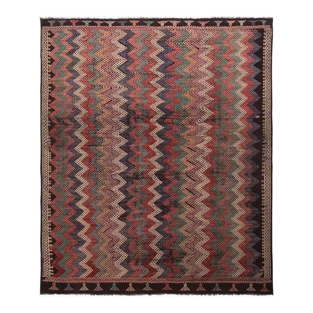 1950s Vintage Mid-Century Geometric Chevron Red Blue and Yellow Wool Kilim Rug For Sale