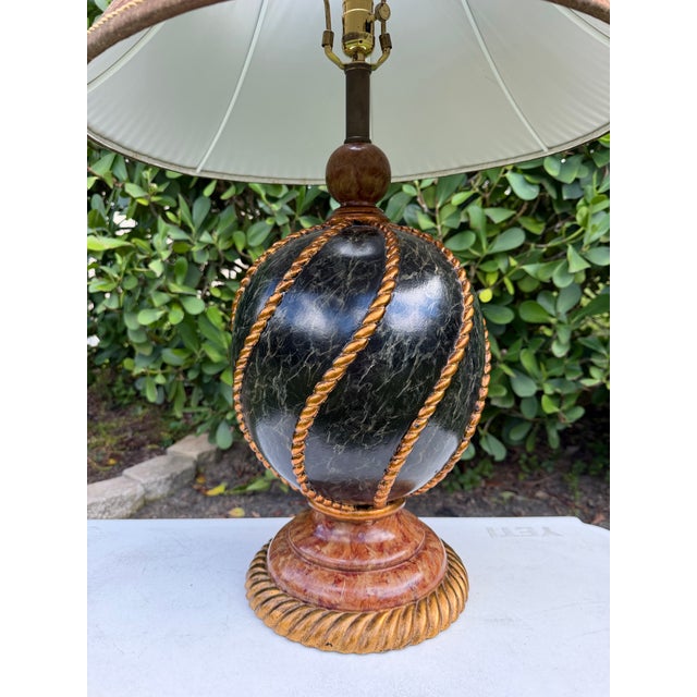 Maitland - Smith Vintage Maitland-Smith Faux Marble and Gilt Rope Motif Table Lamp With Pleated Shade For Sale - Image 4 of 12