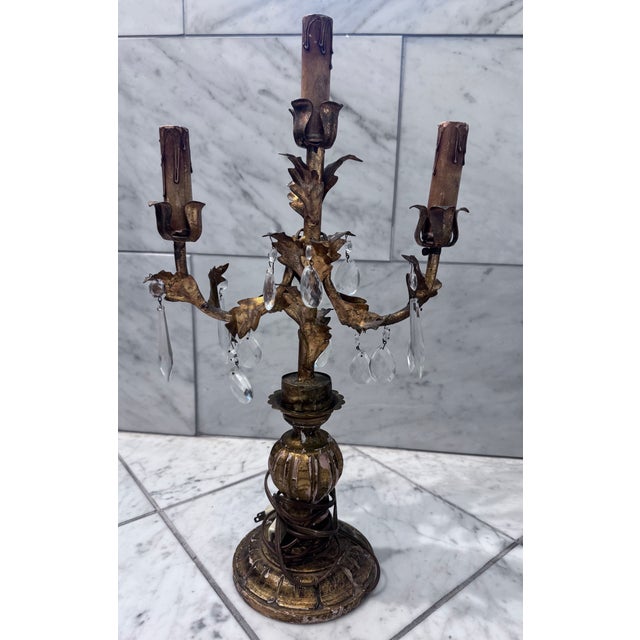 Mid 20th Century Italian Style Gilt Wood and Tole Three Light Candelabra For Sale - Image 4 of 10