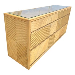 Vintage 9 Drawer Bamboo Chevron Designed Pencil Reed Mid Century Coastal Dresser For Sale