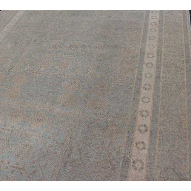 Afghan Khotan Rug With Geometric Design in Shades of Light Blue and Taupe For Sale - Image 9 of 13