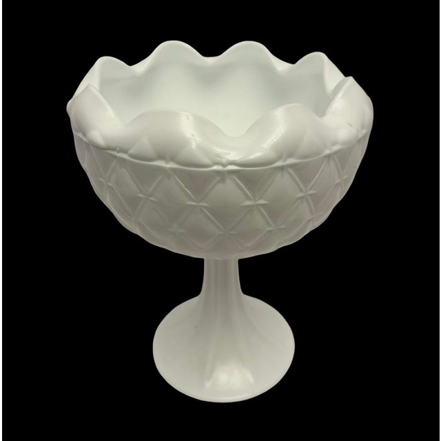 Mid-Century Modern Vintage Indiana Milk Glass Quilted Diamond Pattern Pedestal Compote Dish. For Sale - Image 3 of 9