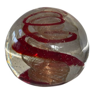Italian Red and Gold Aventurine Spiral Swirl Clear Glass Paperweight For Sale