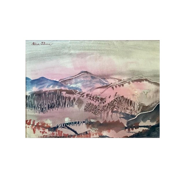 Rose Mid-Century Abstracted Watercolor &Amp; Wax-Resist Mountain Landscape by Mina Tabuena. For Sale - Image 8 of 12