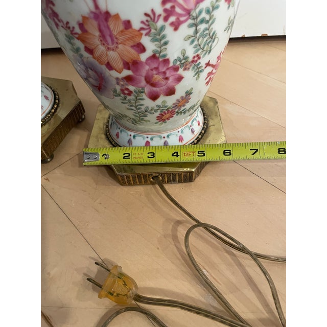 Vintage Chinese Export-Style Famille Rose Porcelain Vase Mounted Table Lamps - a Pair For Sale - Image 11 of 12