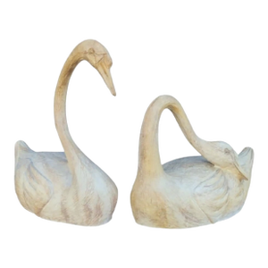 Vintage Faux Bois Ceramic Carved Large Swan Statue Room Decor Sculpture- A Pair