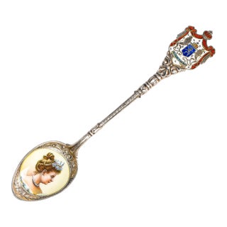 Rare Queen Wilhelmina of the Netherlands Antique Hand Painted Enamel 800 Silver Commemorative Spoon Royal History For Sale