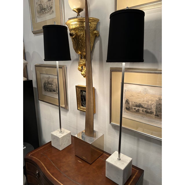 Mid-Century Modern 1970s Mid Century Modern Elongated Chrome & Marble Table Lamps - A Pair For Sale - Image 3 of 7