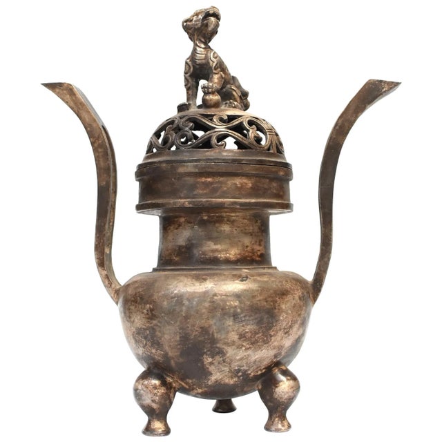 Chinese Antique Incense Burner, Large, White Brass With Foo Dog For Sale - Image 13 of 13