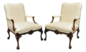 Vintage Thomasville Georgian Style Carved Mahogany Lounge Arm Chairs - A Pair