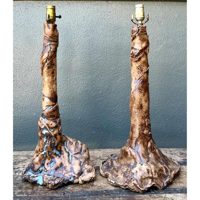 Late 20th Century Vintage Hand Made Faux Bois Ceramic Lamps - A Pair For Sale - Image 5 of 12