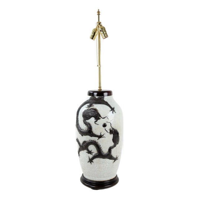 Mid 19 Century Double Bulb Pull Switch White Crackle Glazed Table Lamp With Black Dragon Relief For Sale