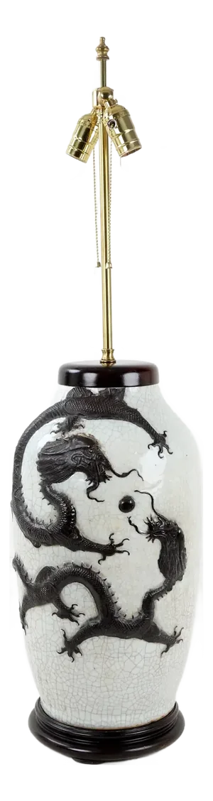 Mid 19 Century Double Bulb Pull Switch White Crackle Glazed Table Lamp With Black Dragon Relief