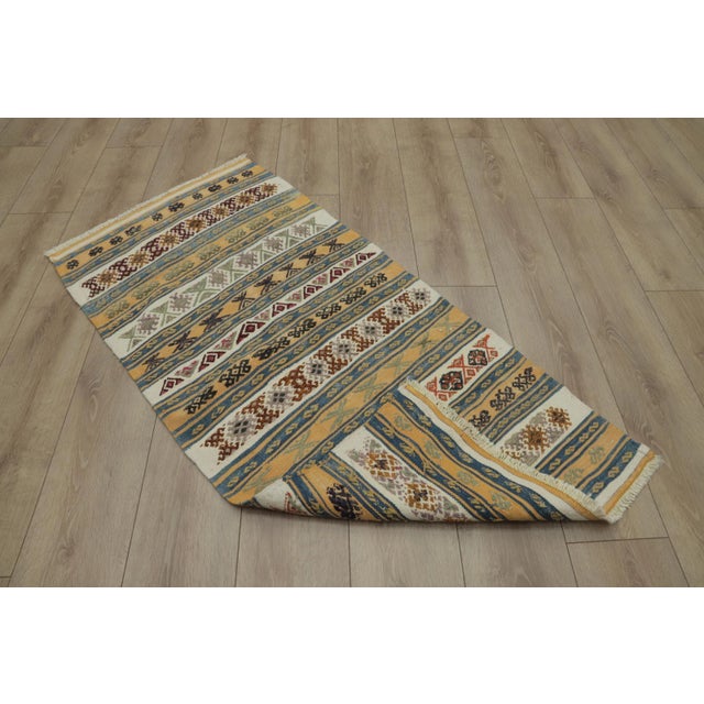 1960s Ethnic Design Ikat Tribal Yellow Striped Kilim Rug For Sale In Sacramento - Image 6 of 13
